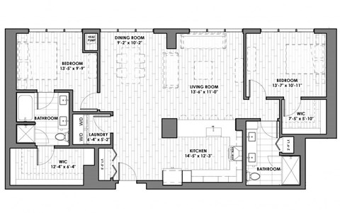 Floor plan for 2 beds, 2 baths, 1703 sqft